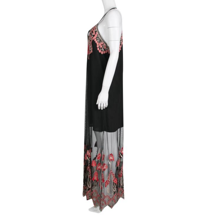 Pre Owned Alice + Olivia Black and Red Poppy Embroidered Tulle Sally Maxi Dress M