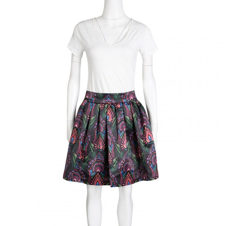 Pre Owned Alice + Olivia Multicolor Printed Satin Pleated Stora Mini Skirt S 