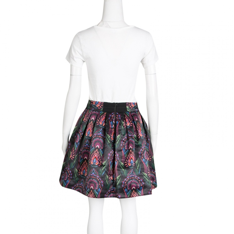 Pre Owned Alice + Olivia Multicolor Printed Satin Pleated Stora Mini Skirt S 