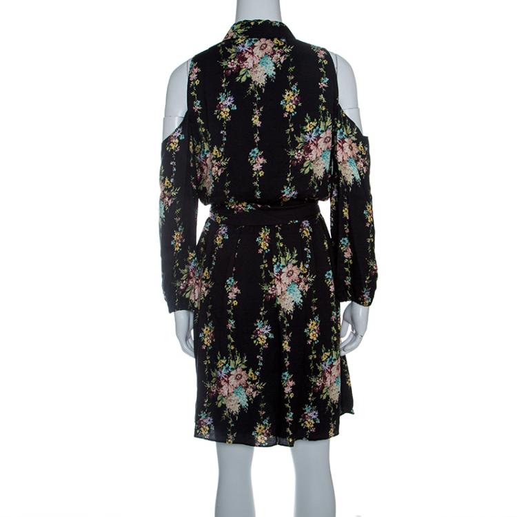 مملوكة مسبقًا Alice + Olivia Black Floral Print Cold Shoulder Belted Karina Shirt Dress S