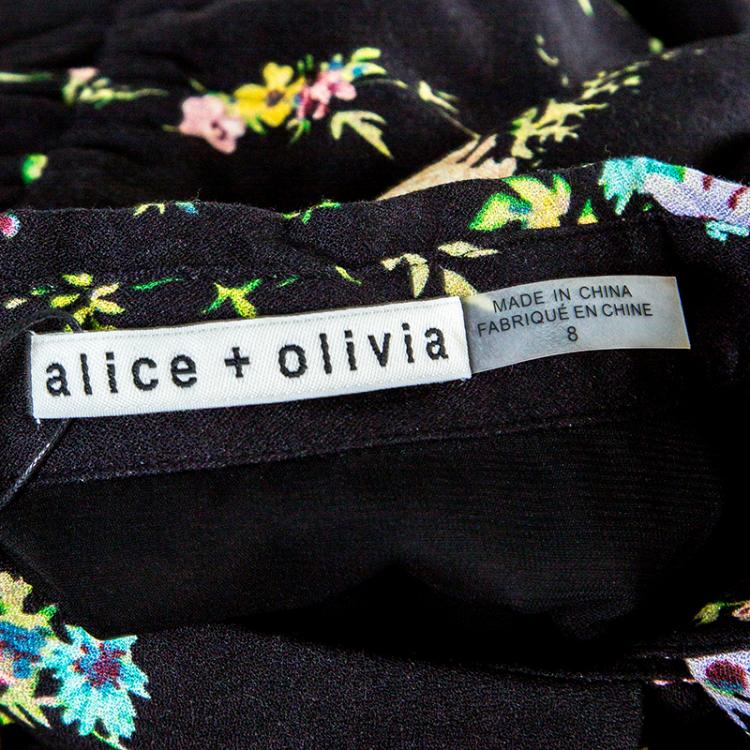 مملوكة مسبقًا Alice + Olivia Black Floral Print Cold Shoulder Belted Karina Shirt Dress M