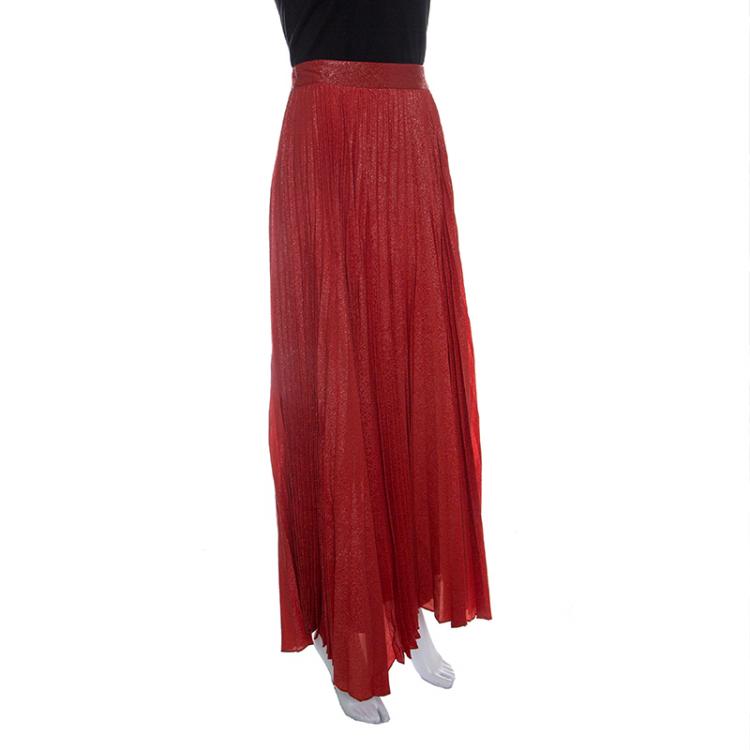 Pre Owned Alice + Olivia Metallic Poppy Red Sunburst Pleated Katz Maxi Skirt M