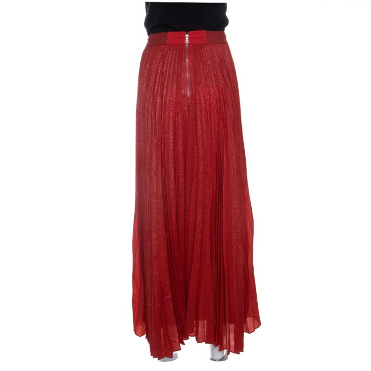 Pre Owned Alice + Olivia Metallic Poppy Red Sunburst Pleated Katz Maxi Skirt M