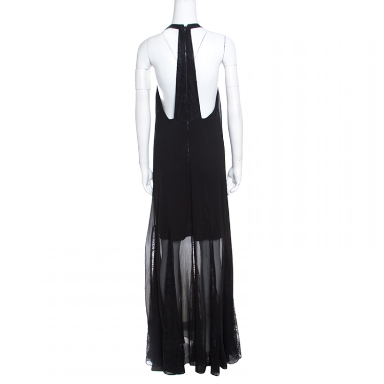 Pre Owned Alice + Olivia Black Chiffon Godet Lace Detail Embellished Lois Maxi Dress M
