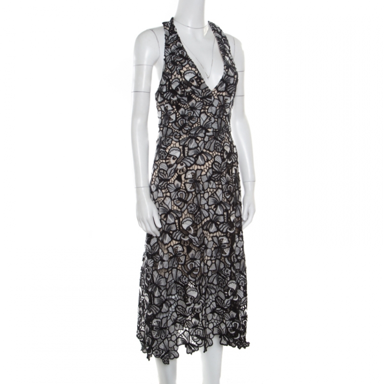 Pre Owned Alice + Olivia Monochrome Floral Lace Cut Out Detail Noreen Halter Dress M