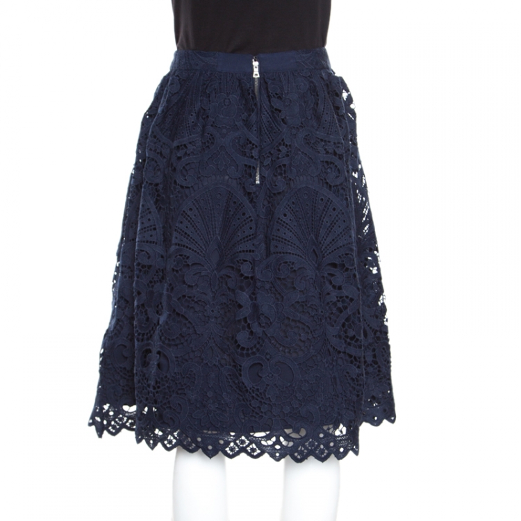 Pre Owned Alice + Olivia Sapphire Blue Floral Guipure Lace Gathered Joyce Skirt M