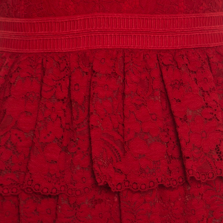 Pre Owned Alice + Olivia Deep Ruby Floral Lace Tiered Clora Mini Dress M