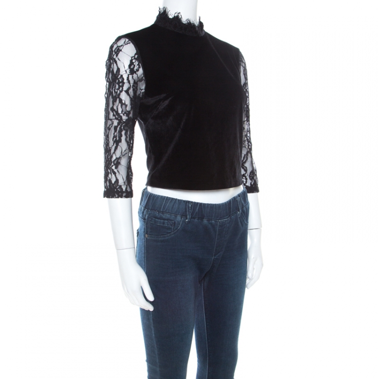 Pre Owned Alice + Olivia Black Velvet and Lace Jenny Top M 