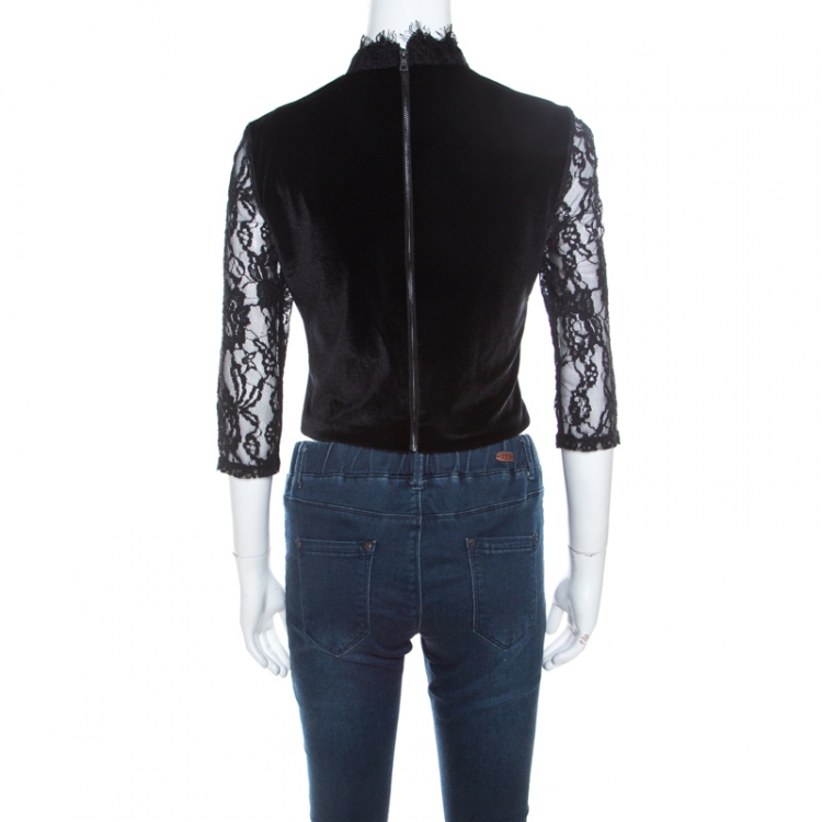 Pre Owned Alice + Olivia Black Velvet and Lace Jenny Top M 