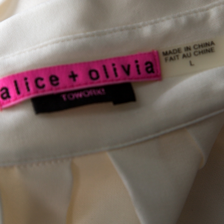 Pre Owned Alice + Olivia White Silk Pleated Sleeves Black Neck Tie Shirt L