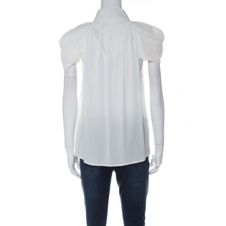 Pre Owned Alice + Olivia White Silk Pleated Sleeves Black Neck Tie Shirt L