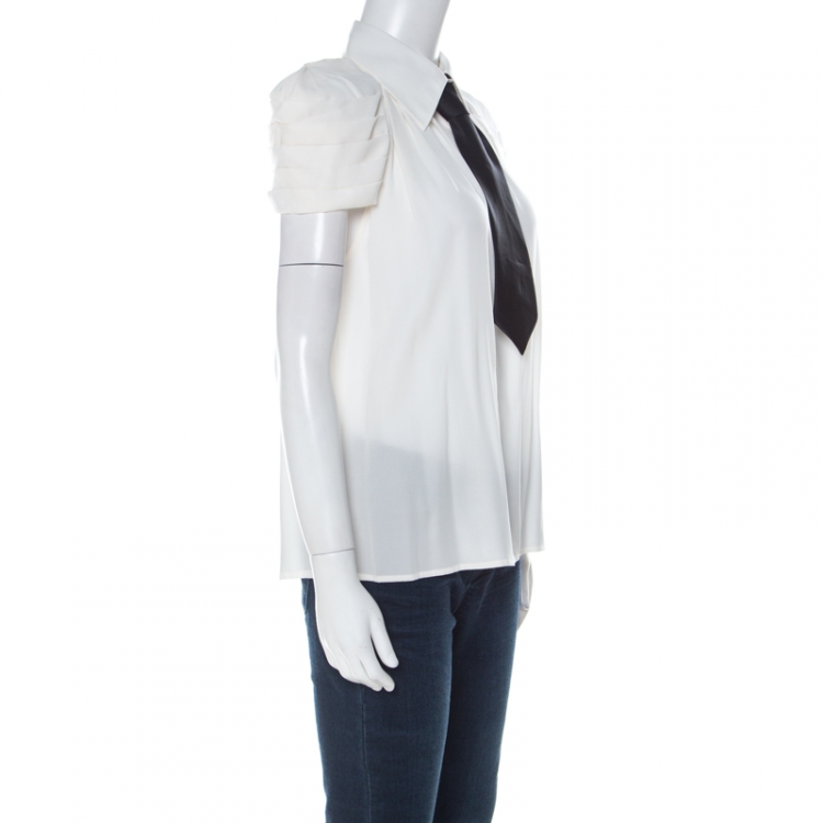 Pre Owned Alice + Olivia White Silk Pleated Sleeves Black Neck Tie Shirt L