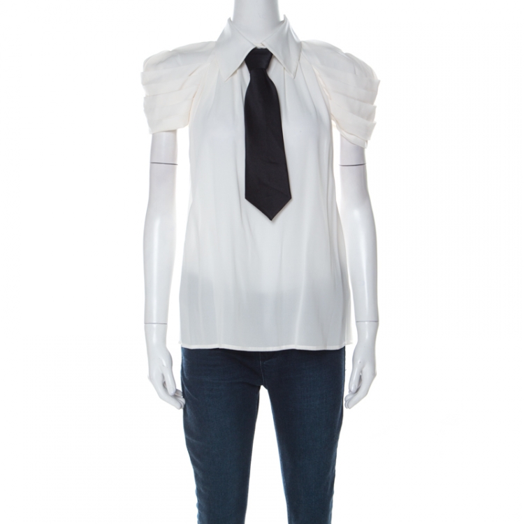 Pre Owned Alice + Olivia White Silk Pleated Sleeves Black Neck Tie Shirt L
