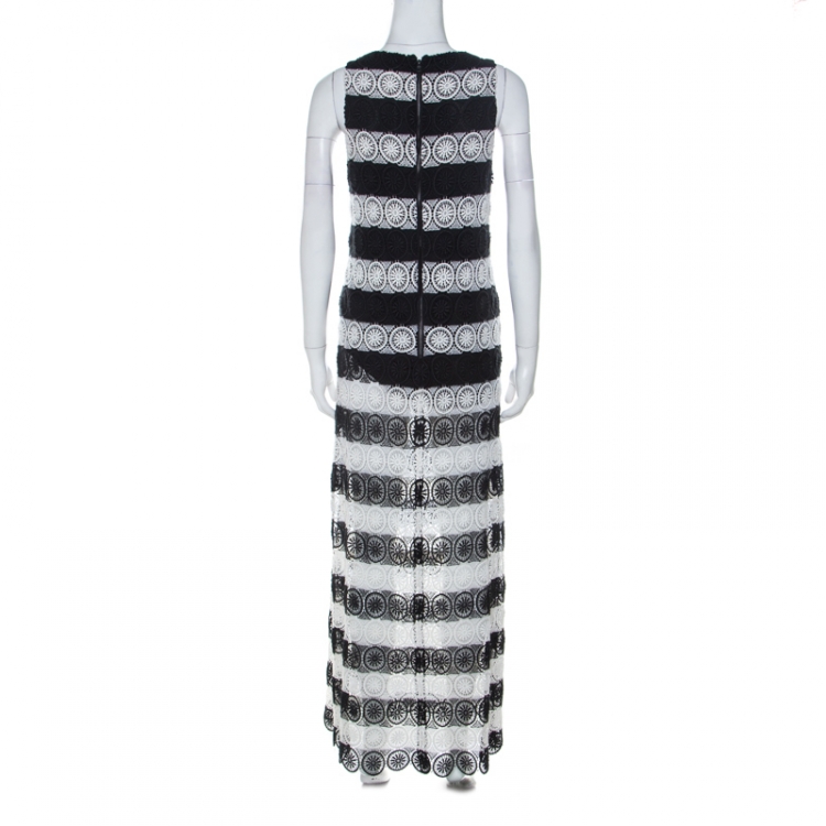 Pre Owned Alice + Olivia Monochrome Striped Crochet Lace Sleeveless Lucia Maxi Dress L