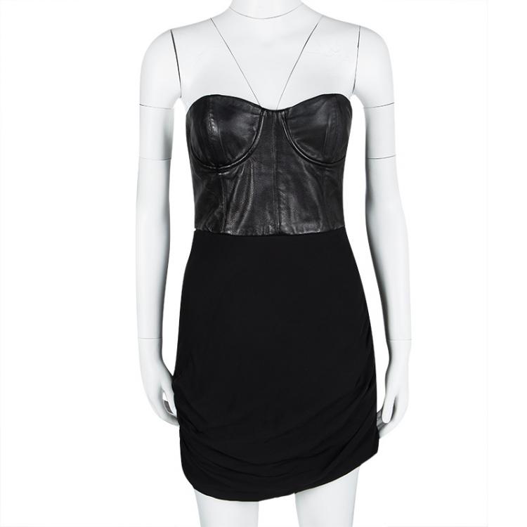 Pre Owned Alice + Olivia Black Leather Detail Bodycon Ruched Strapless Dress M 