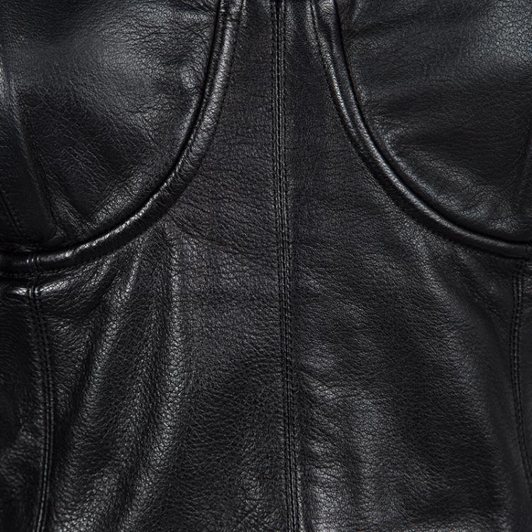 Pre Owned Alice + Olivia Black Leather Detail Bodycon Ruched Strapless Dress M 