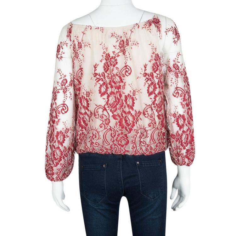 Pre Owned Alice + Olivia Red and Cream Embroidered Lace Long Sleeve Fila Top S