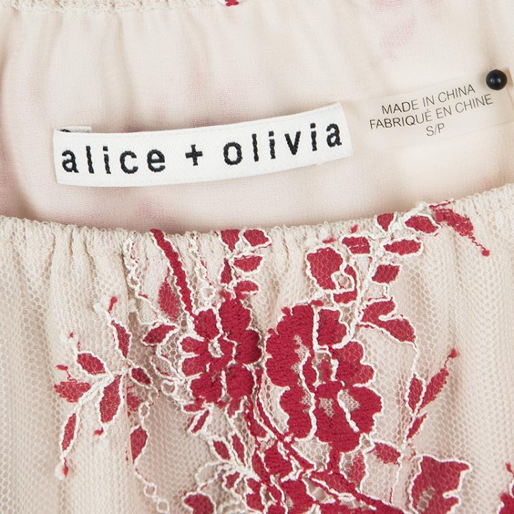 Pre Owned Alice + Olivia Red and Cream Embroidered Lace Long Sleeve Fila Top S