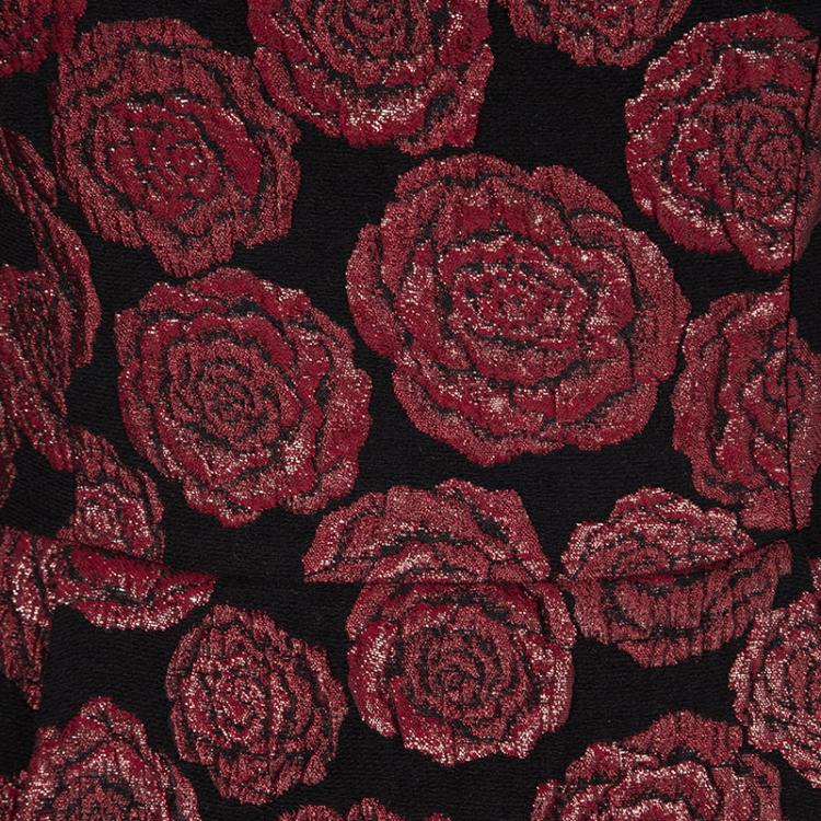 Pre Owned Alice + Olivia Black and Red Floral Jacquard Sleeveless Bailey Flounce Dress S
