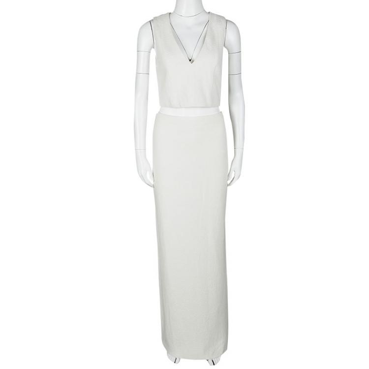 Pre Owned Alice + Olivia Off White Textured Crop Top and Skirt Set M