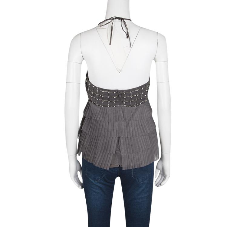Pre Owned Alice + Olivia Grey Embellished Tiered Tutu Halter Top S