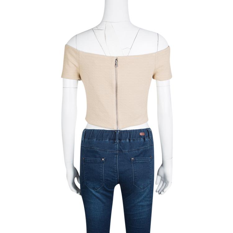 Pre Owned Alice + Olivia Beige Stretch Knit Gracelyn Off Shoulder Crop Top L