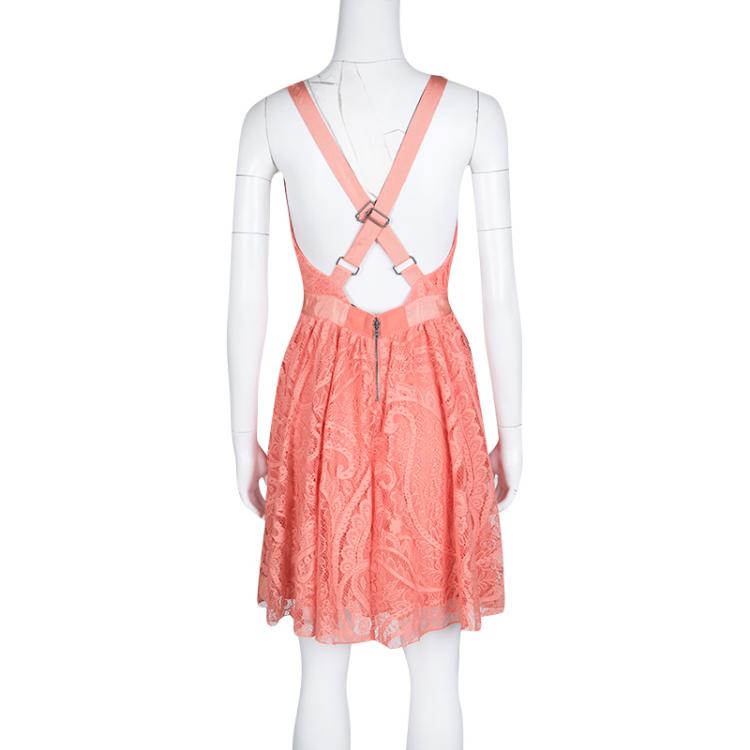 Pre Owned Alice + Olivia Salmon Pink Lace Odette Cross Back Sleeveless Dress S
