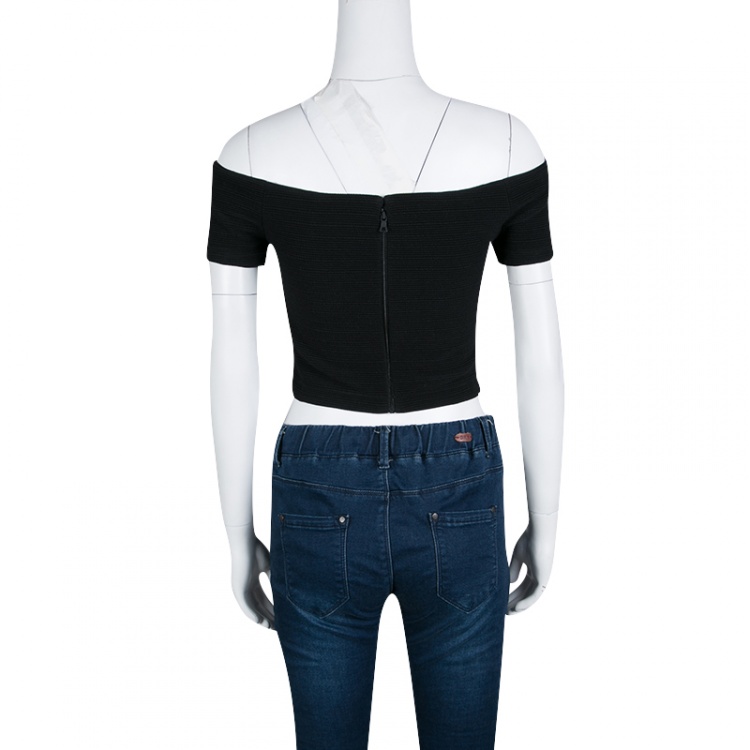 Pre Owned Alice + Olivia Black Stretch Knit Gracelyn Off Shoulder Crop Top S
