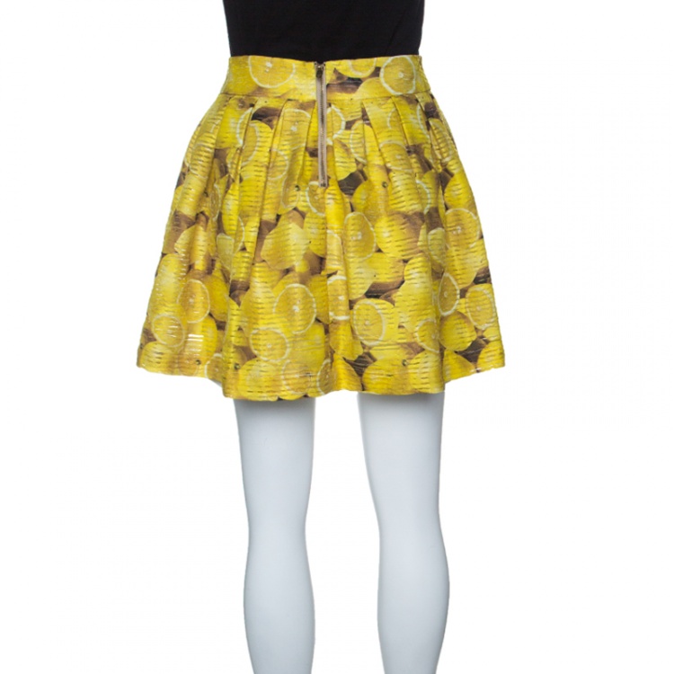 Pre Owned Alice + Olivia Lemon Print Wide Pleat Ginnie Mini Skirt M