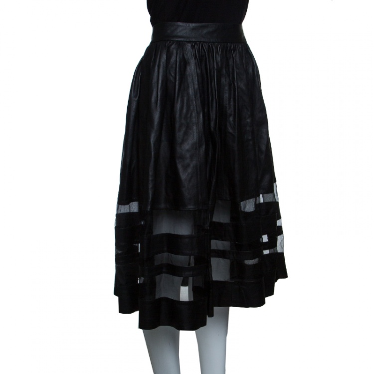 Pre Owned Alice + Olivia Black Leather Mesh Insert Gathered Midi Skirt S