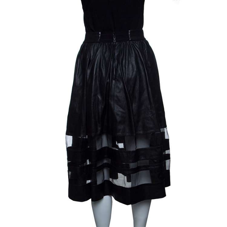 Pre Owned Alice + Olivia Black Leather Mesh Insert Gathered Midi Skirt S