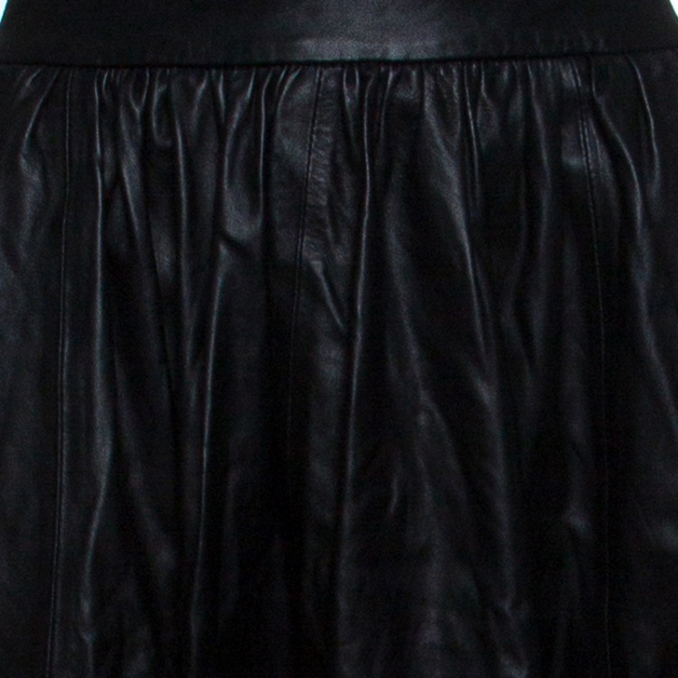 Pre Owned Alice + Olivia Black Leather Mesh Insert Gathered Midi Skirt S