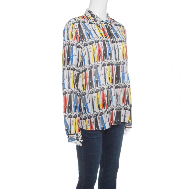 Pre Owned Alice + Olivia Multicolor Willa Printed Silk Long Sleeve Button Front Shirt L