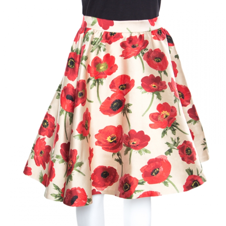 Pre Owned Alice + Olivia Red Falling Poppy Patterned Earla Circle Skirt S