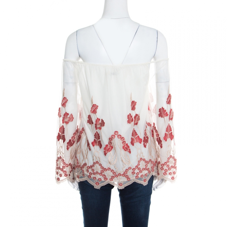 Pre Owned Alice + Olivia White and Red Floral Embroidered Tulle Off Shoulder Priya Top S