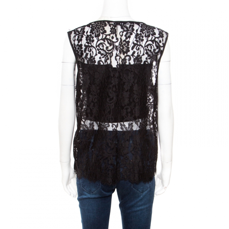 Pre Owned Alice + Olivia Black Floral Lace Scalloped Trim Detail Sleeveless Top L