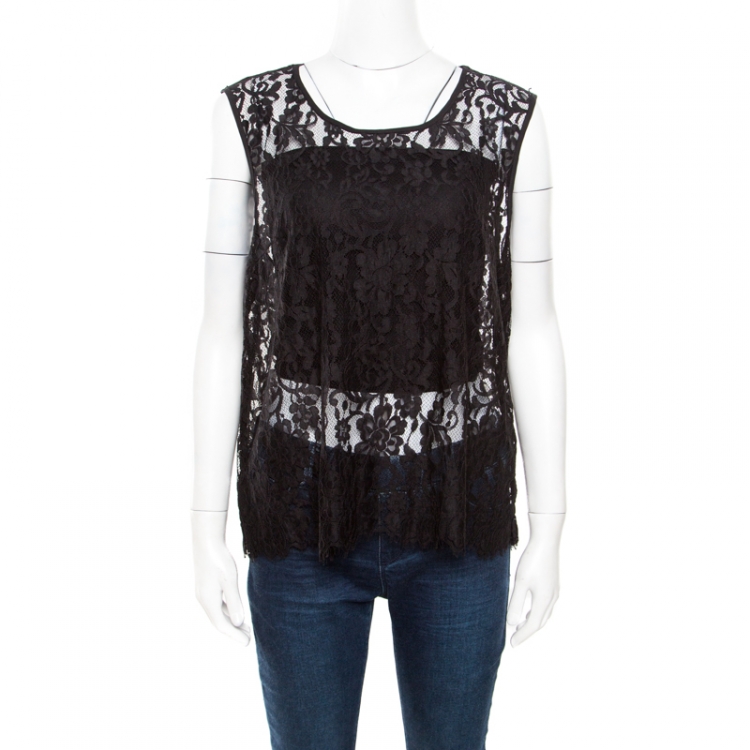 Pre Owned Alice + Olivia Black Floral Lace Scalloped Trim Detail Sleeveless Top L