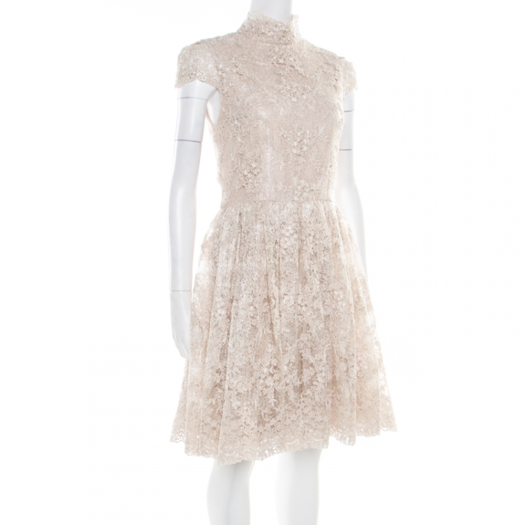 Pre Owned Alice + Olivia Beige Embroidered Cutout Back Detail Natalina Dress S