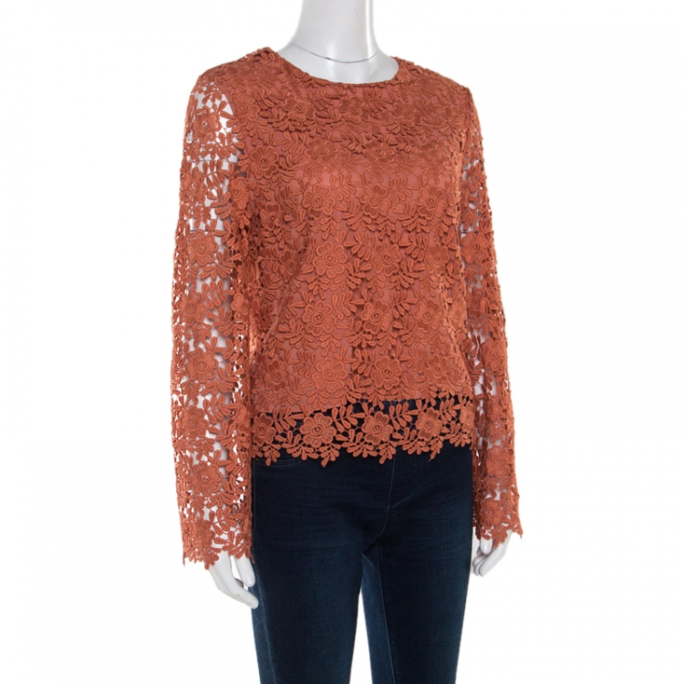 Pre Owned Alice + Olivia Salmon Pink Floral Lace Long Sleeve Pasha Top M