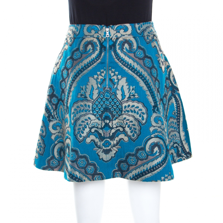 Pre Owned Alice + Olivia Blue Damask Patterned Brocade Vernon Mini Skirt XS