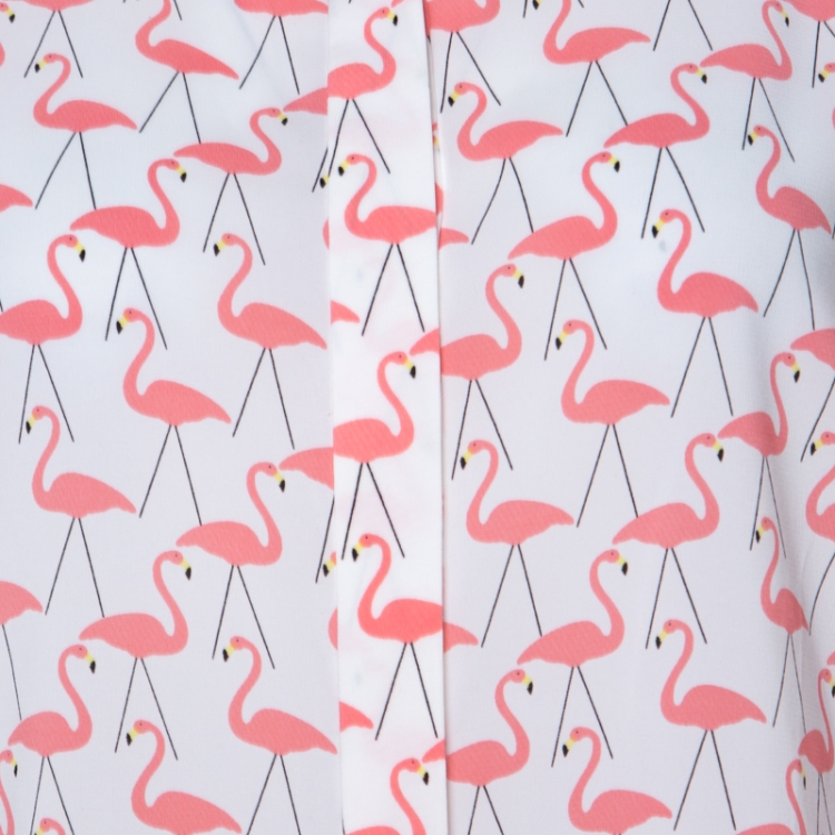 Pre Owned Alice + Olivia White Garden Flamingo Print Sheer Silk Willa Shirt S