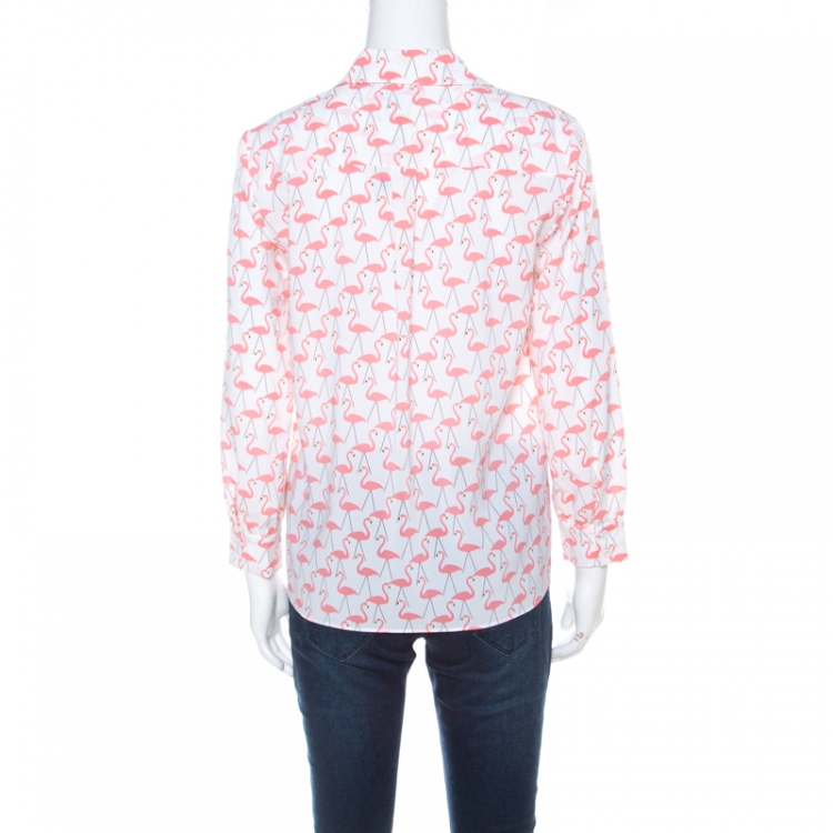 Pre Owned Alice + Olivia White Garden Flamingo Print Sheer Silk Willa Shirt S