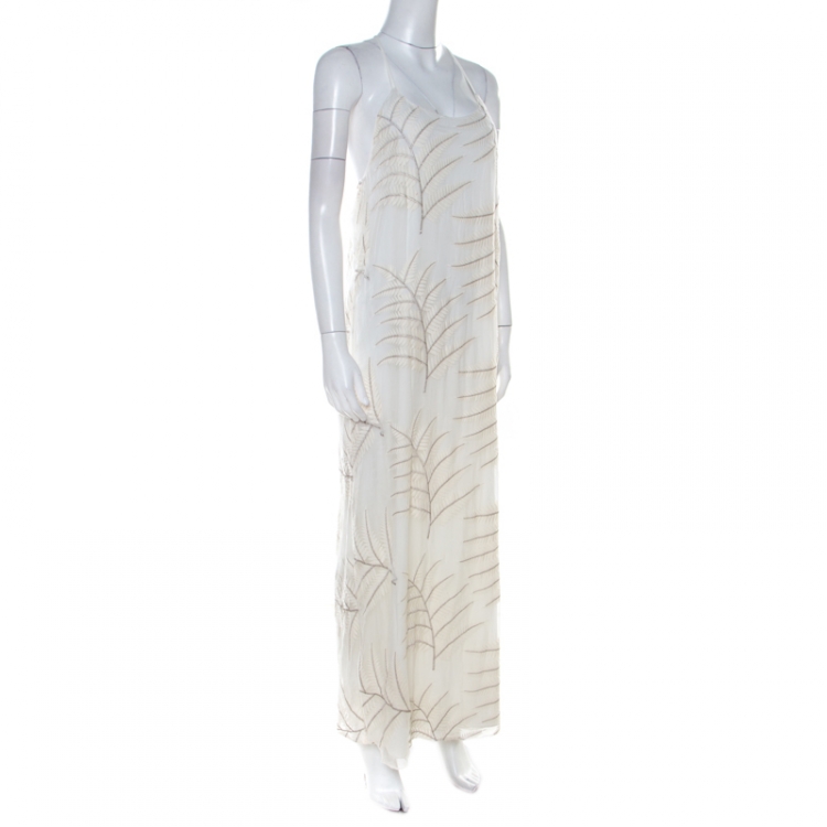 Pre Owned Alice + Olivia Off White Embroidered Silk Kelly Halter Maxi Dress M