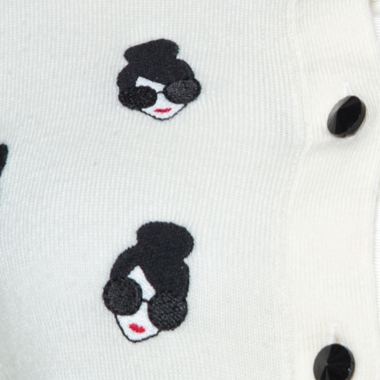 Pre Owned Alice + Olivia Cream Stretch Wool Stacey Emoji Applique Button Front Cardigan M