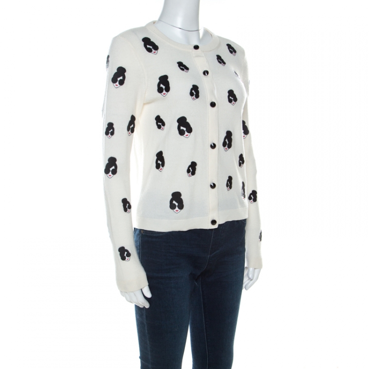 Pre Owned Alice + Olivia Cream Stretch Wool Stacey Emoji Applique Button Front Cardigan M