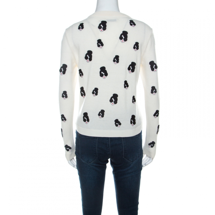 Pre Owned Alice + Olivia Cream Stretch Wool Stacey Emoji Applique Button Front Cardigan M