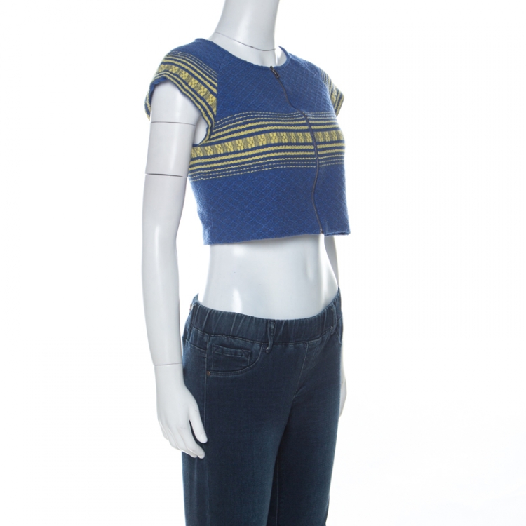 مملوكة مسبقًا Alice + Olivia Blue Cotton Cap Sleeve Zip Front Woven Amy Crop Top M