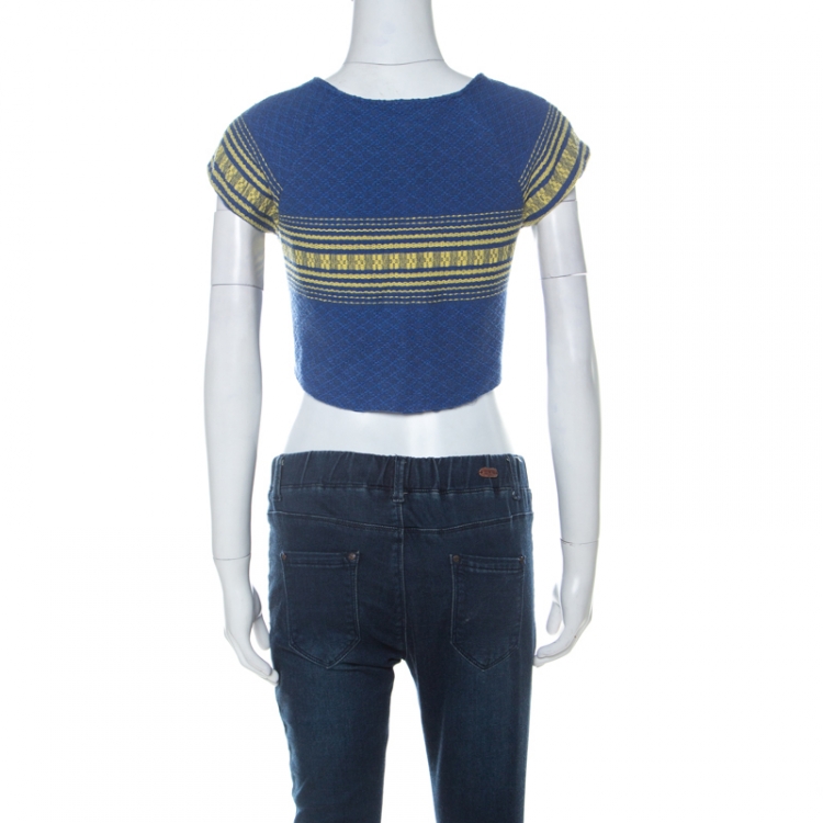 مملوكة مسبقًا Alice + Olivia Blue Cotton Cap Sleeve Zip Front Woven Amy Crop Top M