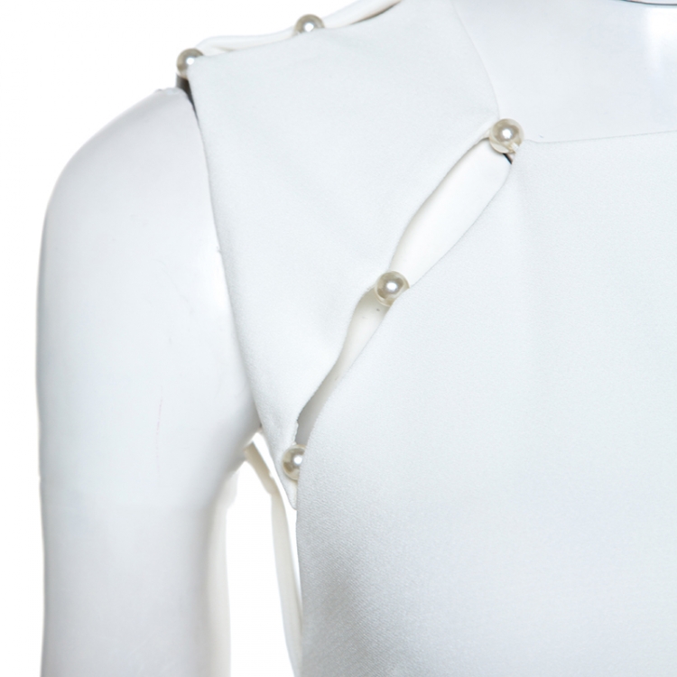 Pre Owned Alice + Olivia Off White Crepe Pearl Detail Kristiana Dress S