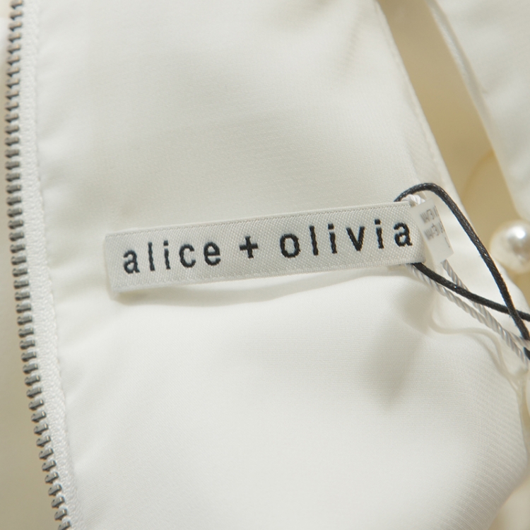 Pre Owned Alice + Olivia Off White Crepe Pearl Detail Kristiana Dress S